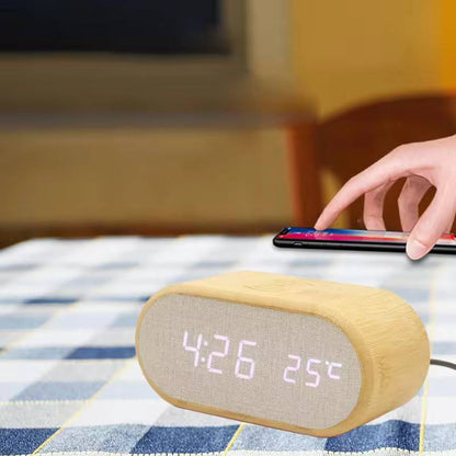 Wooden Digital Alarm Clock with wireless charging display, LED temperature, time &  humidity