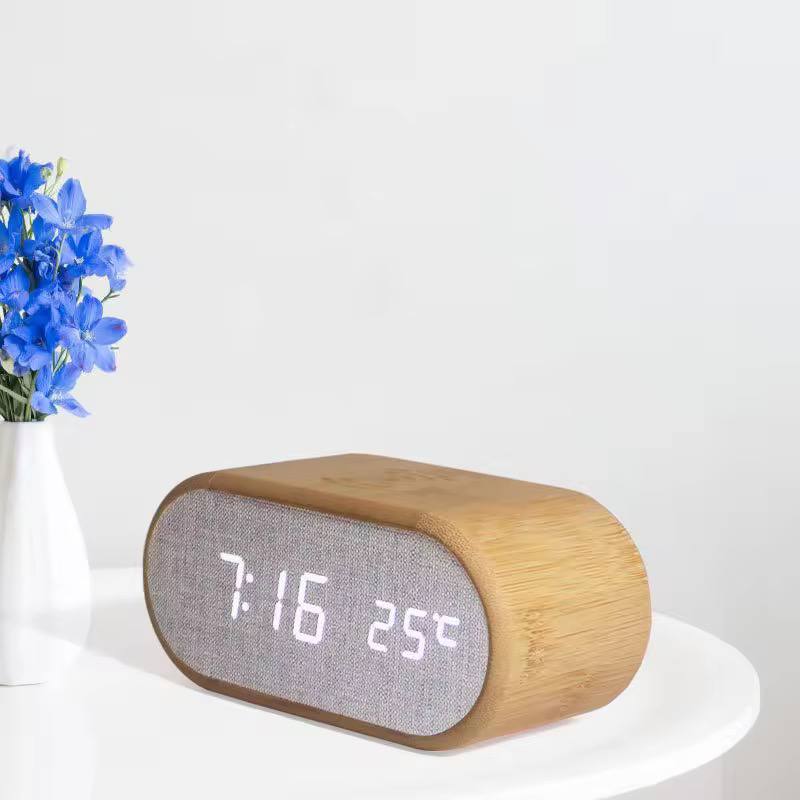 Wooden Digital Alarm Clock with wireless charging display, LED temperature, time &  humidity