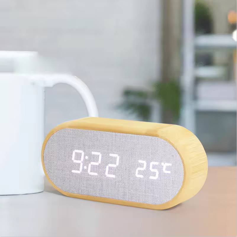 Wooden Digital Alarm Clock with wireless charging display, LED temperature, time &  humidity