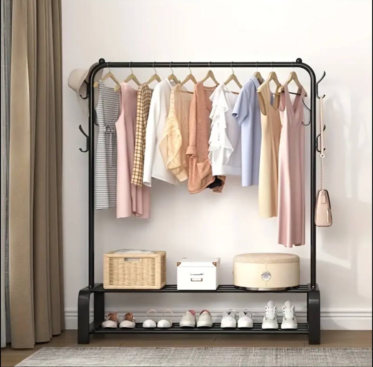Cloth Rack With Double Lower Storage Shelf for Boxes /Shoes And Side Hooks for bag,scarfts etc