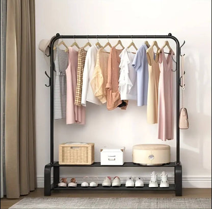Cloth Rack With Double Lower Storage Shelf for Boxes /Shoes And Side Hooks for bag,scarfts etc