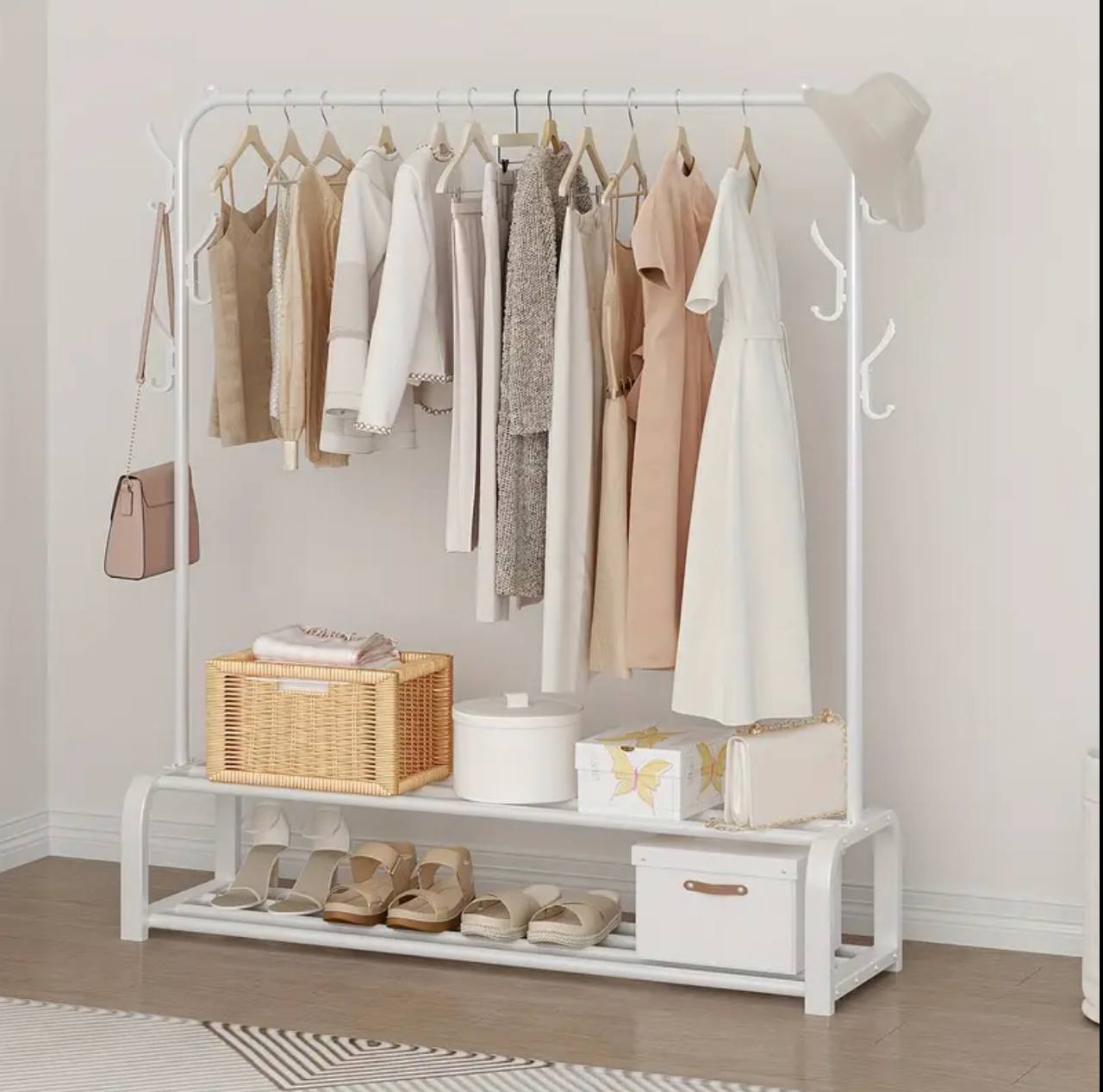 Cloth Rack With Double Lower Storage Shelf for Boxes /Shoes And Side Hooks for bag,scarfts etc