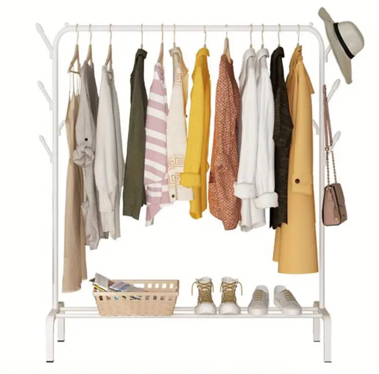 Clothing Rack With Lower Storage Shelf for Boxes /Shoes And Side Hooks