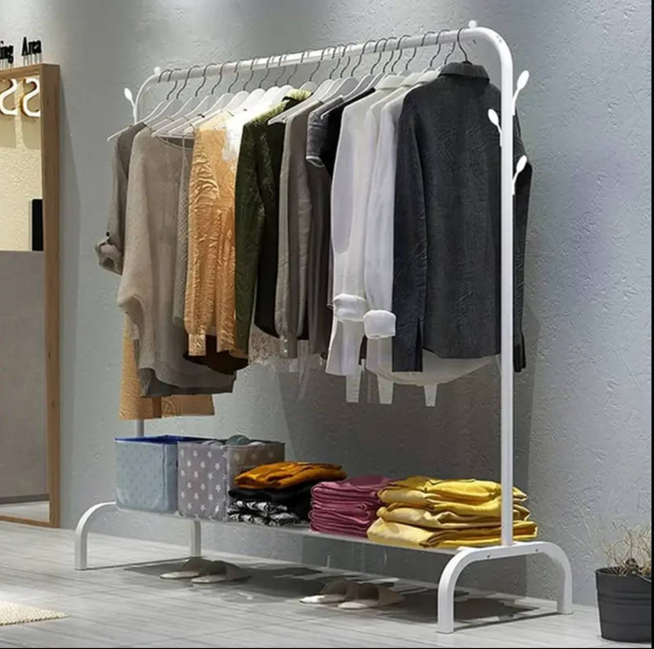 Clothing Rack With Lower Storage Shelf for Boxes /Shoes And Side Hooks