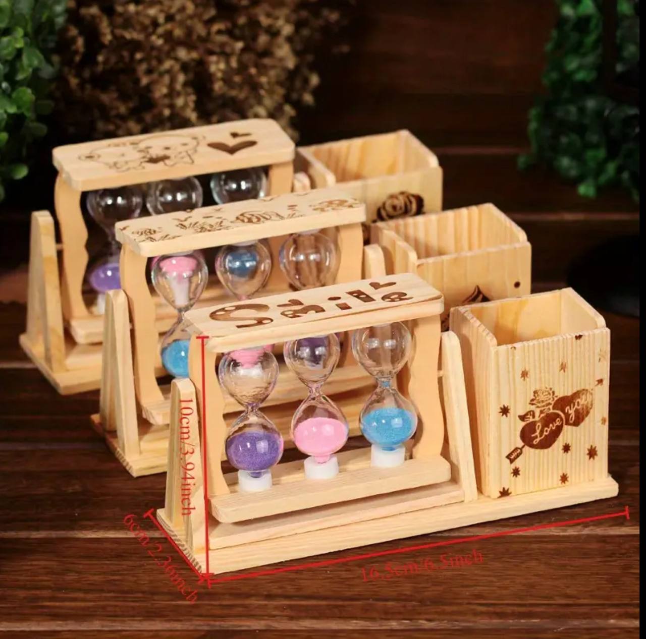 Handicraft Wooden Pen Stand with 3 Hourglass Timer