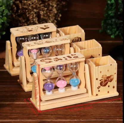 Handicraft Wooden Pen Stand with 3 Hourglass Timer