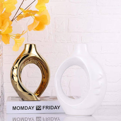 White and Gold Ceramic Vase with Hole