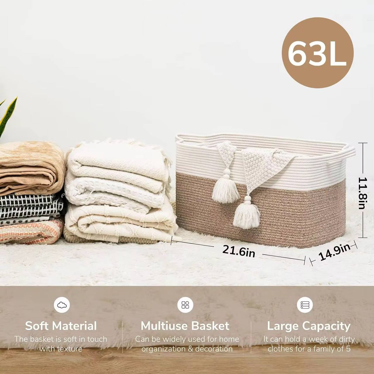 Large capacity Cotton rope storage basket with handle