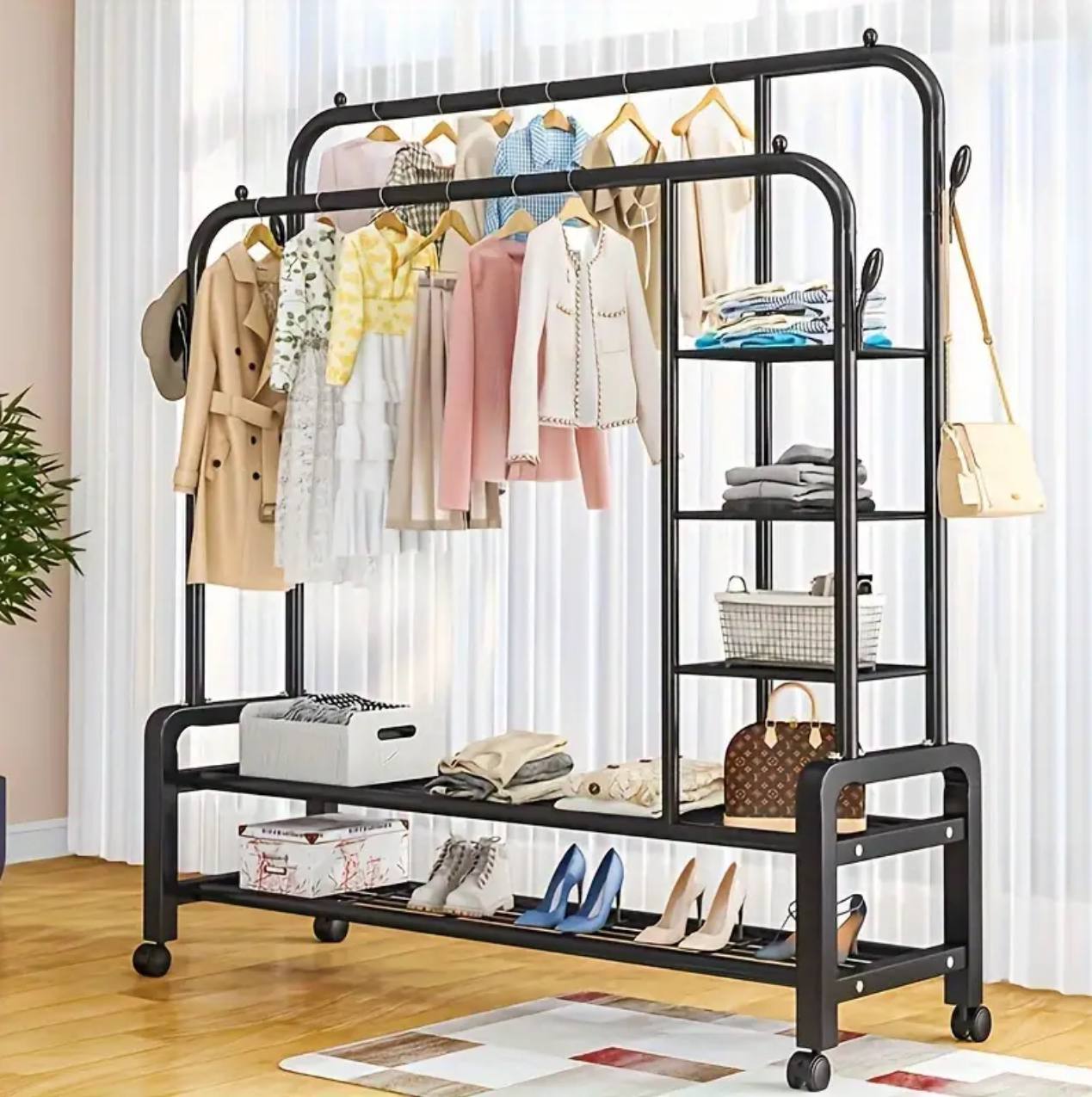 Double Layer Garment Rack Floor  Standing Clothes Hanger