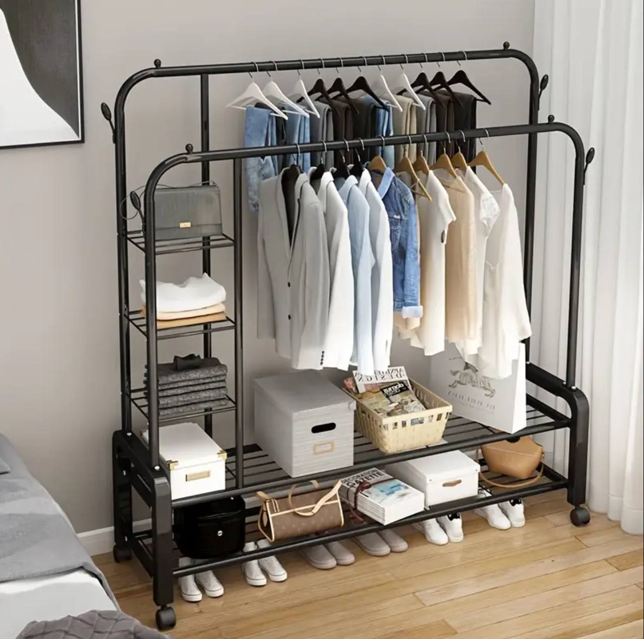 Double Layer Garment Rack Floor  Standing Clothes Hanger