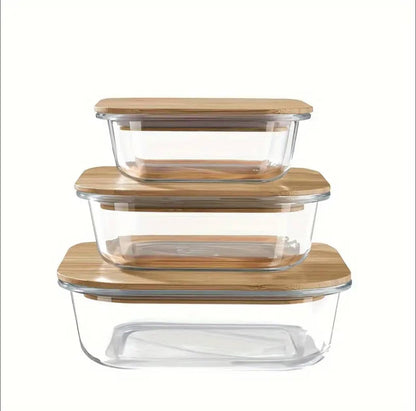 3pcs glass bowl storage containers with bamboo