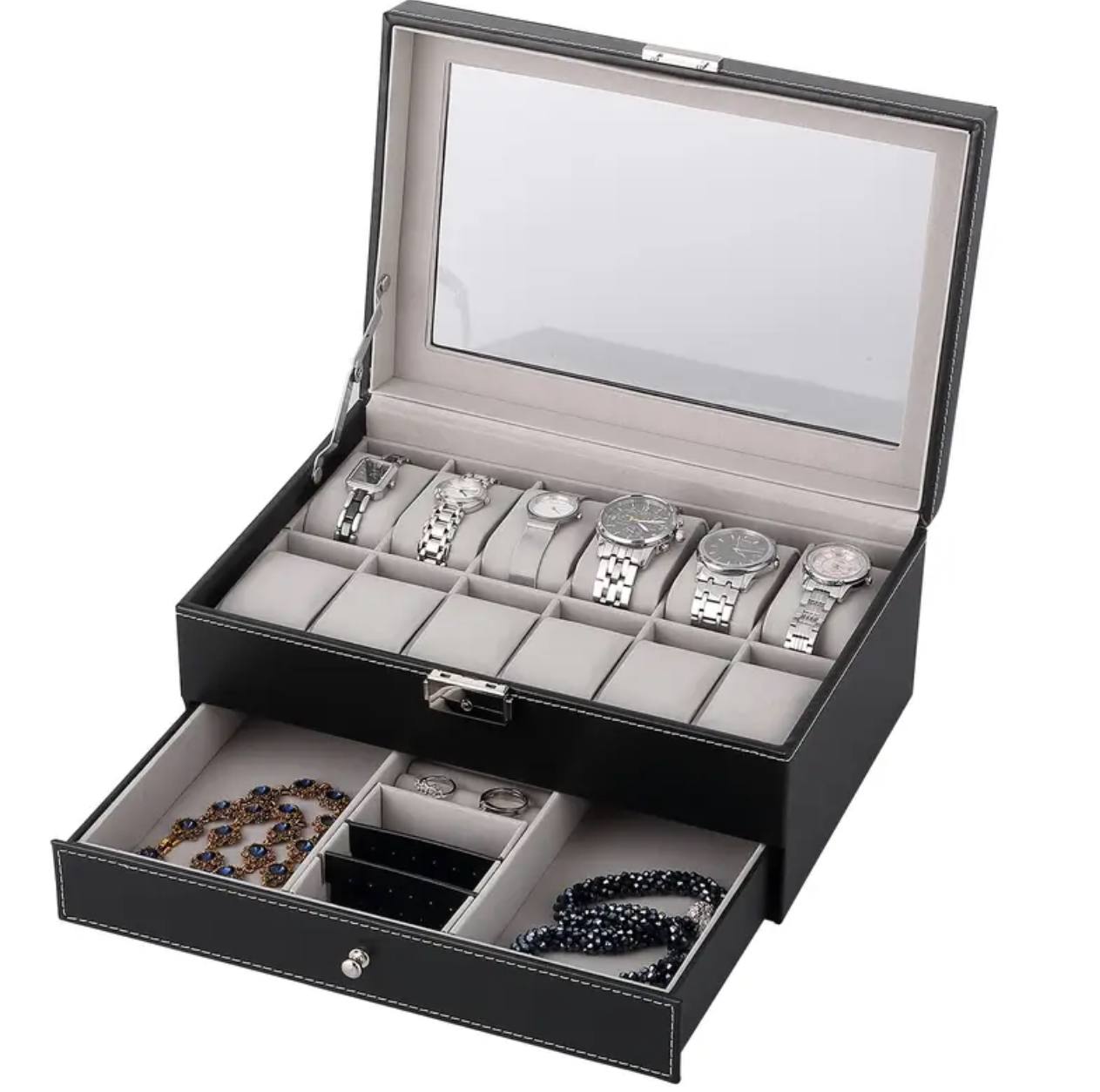 DOUBLE LAYER WATCH ORGANIZER/STORAGE BOX WITH LOWER COMPARTMENT