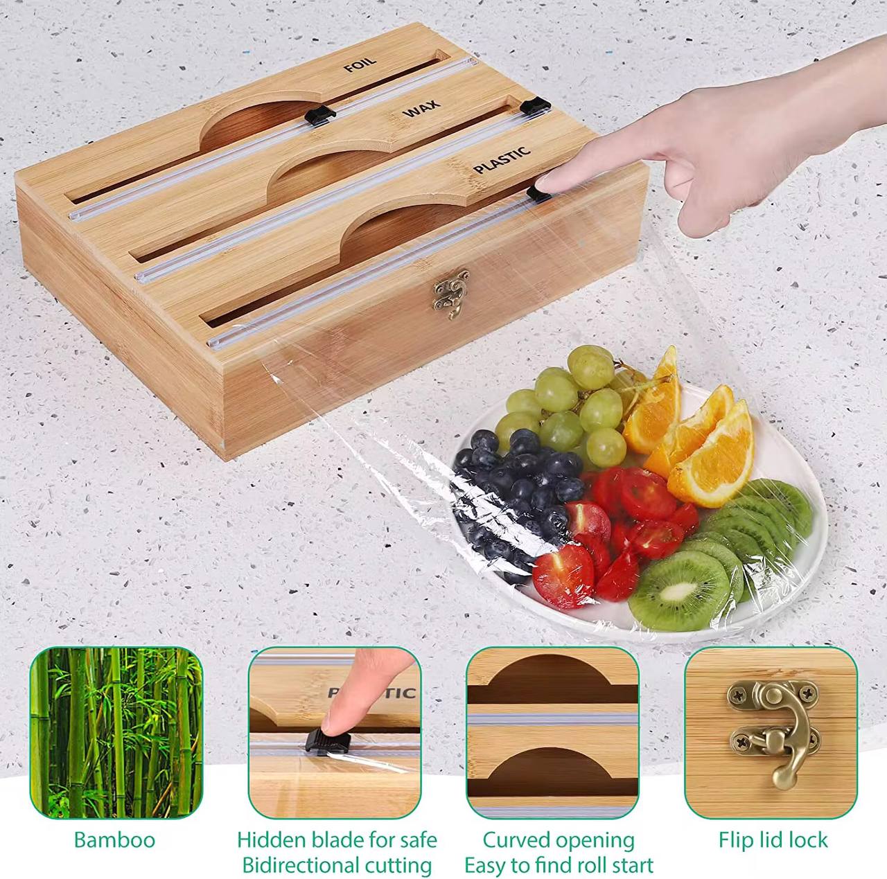 Bamboo wrap dispenser with cutter