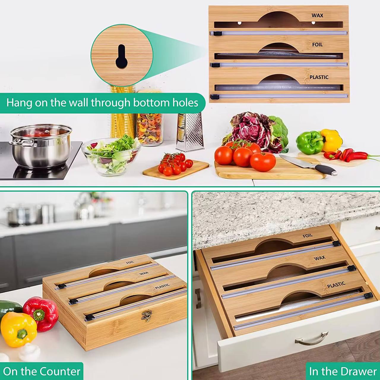 Bamboo wrap dispenser with cutter