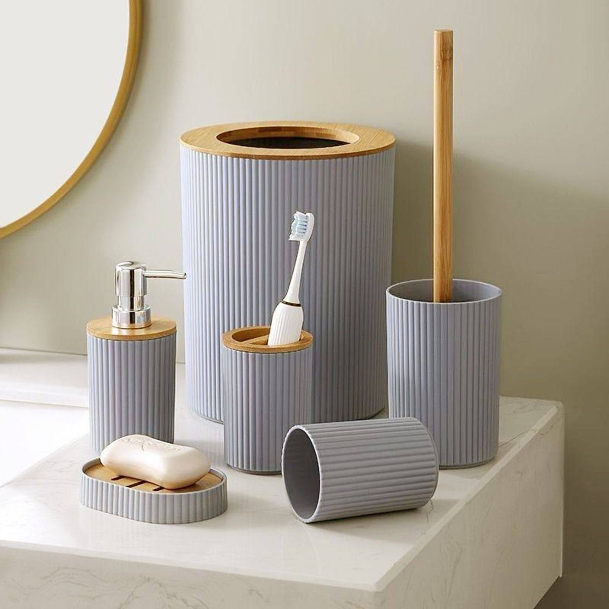 6 in 1 bathroom accessories set with wooden ring