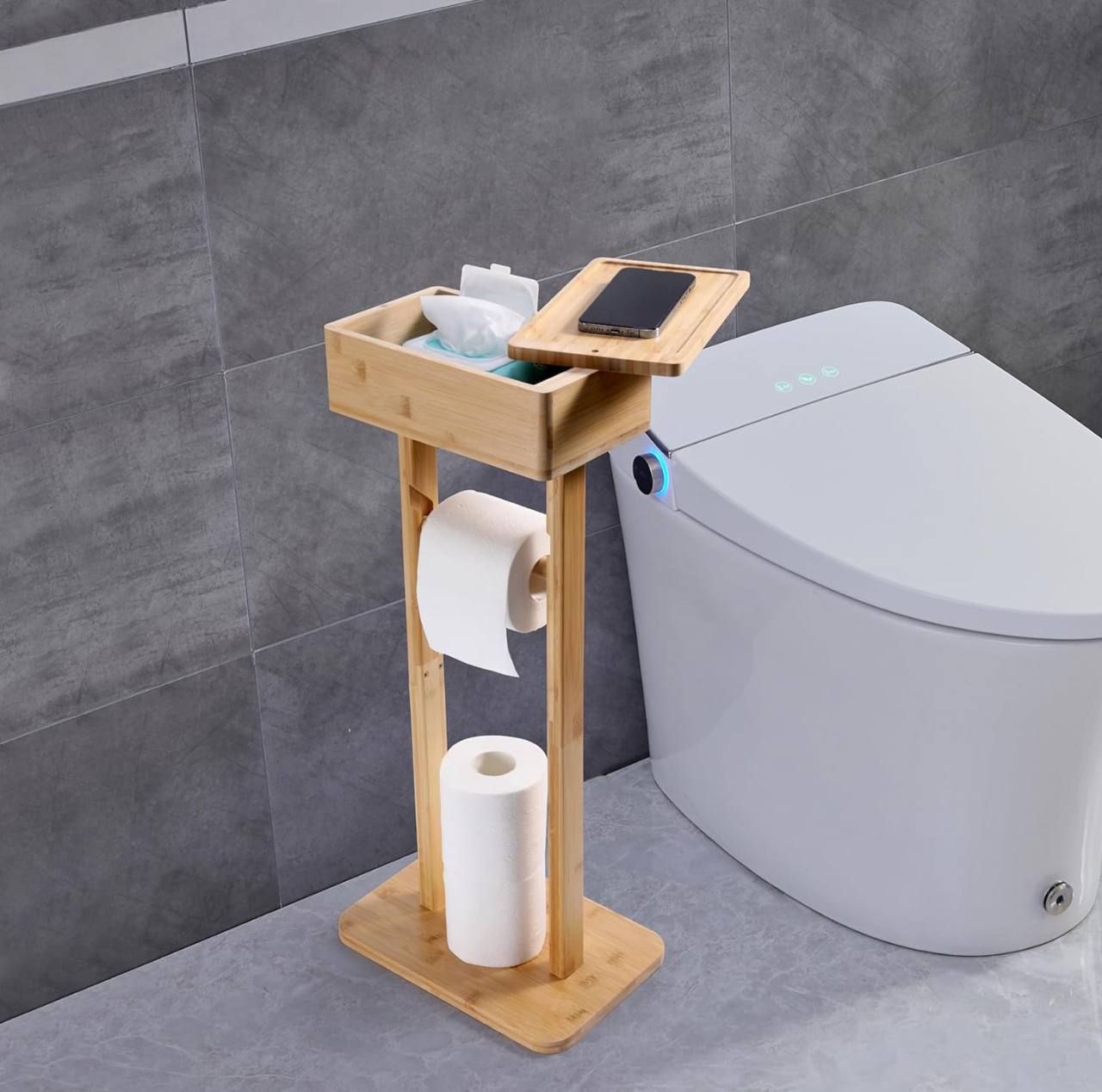 Eco-friendly bamboo toilet tissue holder with upper &nbsp;storage and phone placement/holder&nbsp;