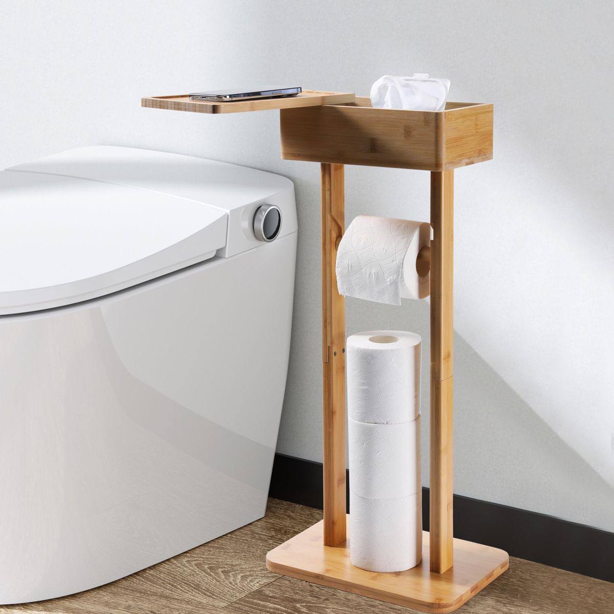 Eco-friendly bamboo toilet tissue holder with upper &nbsp;storage and phone placement/holder&nbsp;