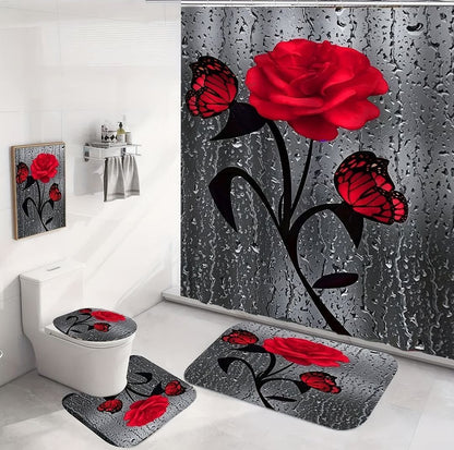 3D 4 in 1 bathroom woolen mats with a waterproof shower curtain