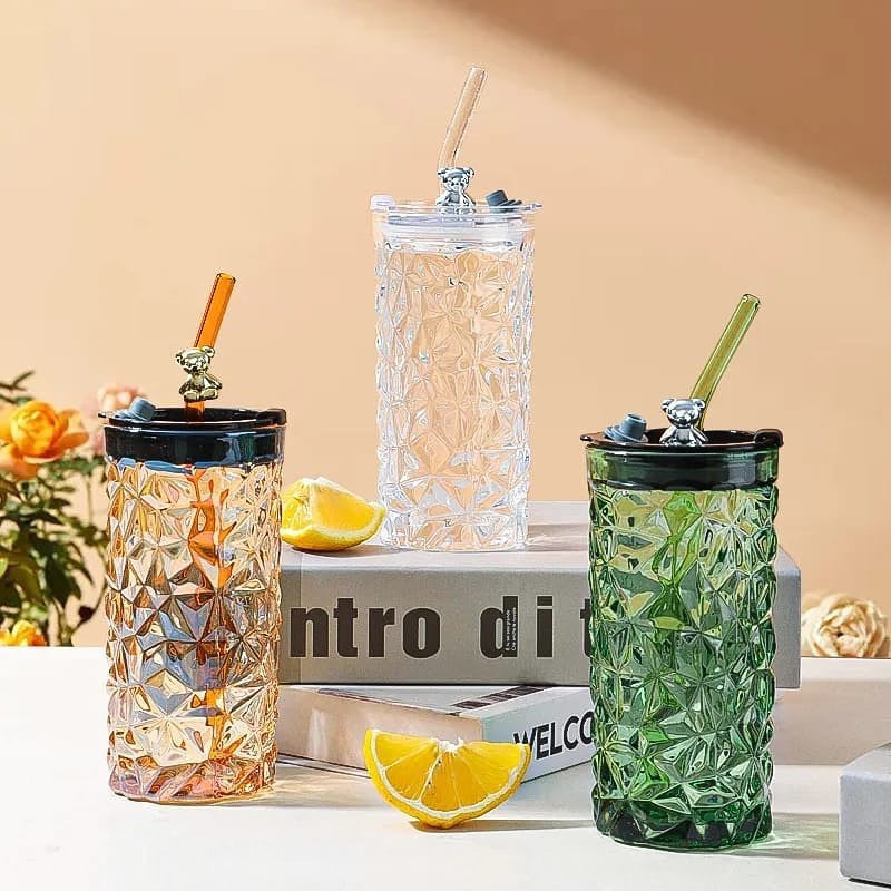 Cute Crystal like Glass tumbler with glass straw