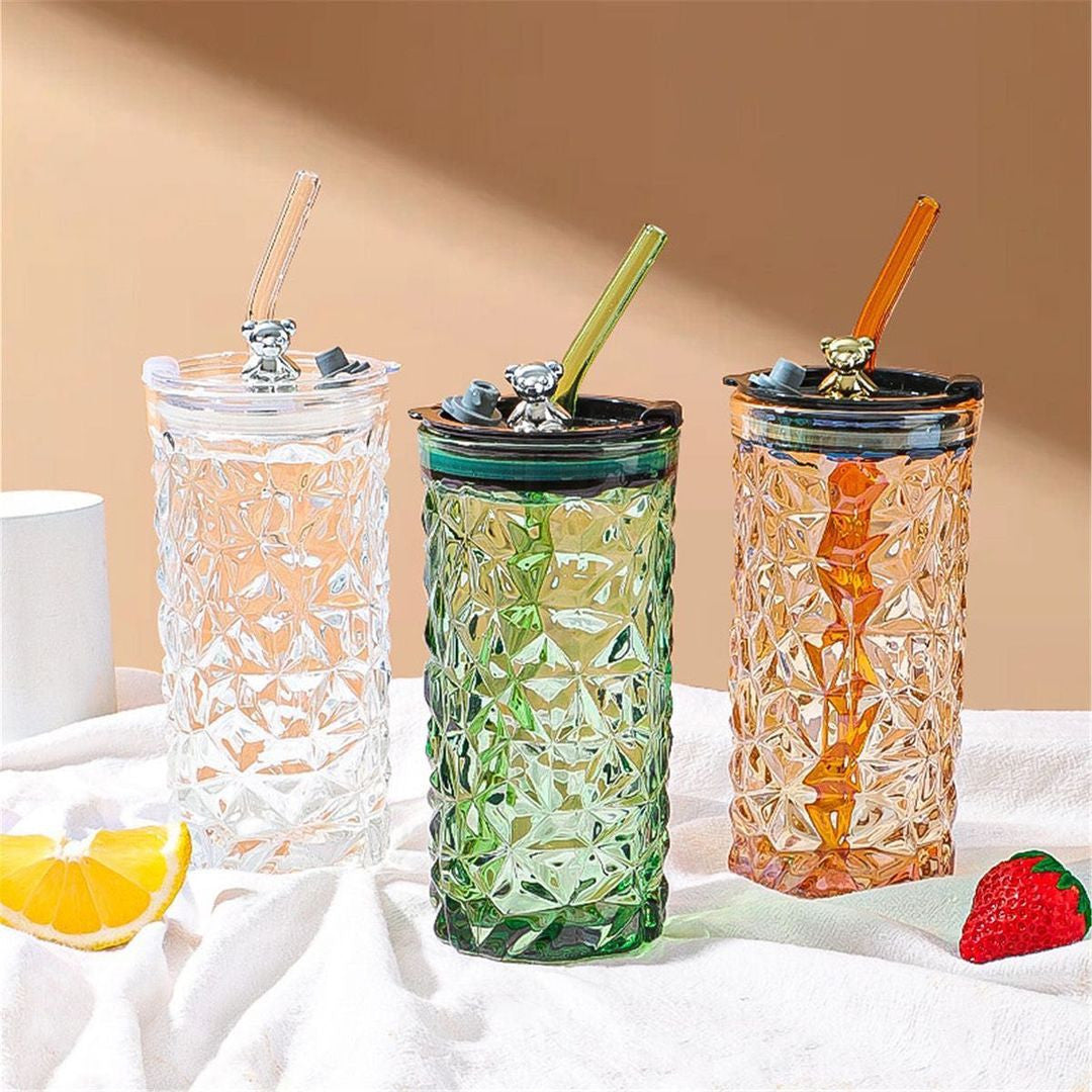 Cute Crystal like Glass tumbler with glass straw