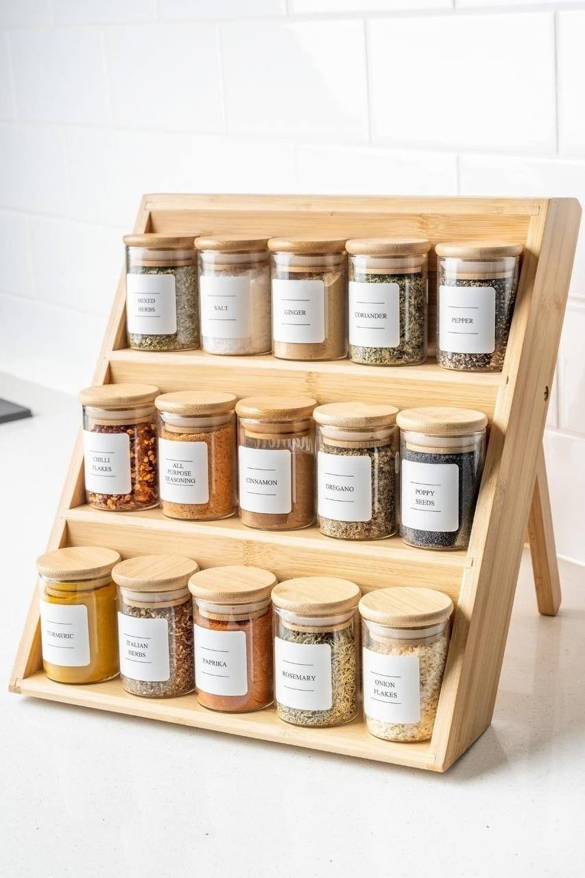 3 Tier bamboo spice Rack with 12 spice jars