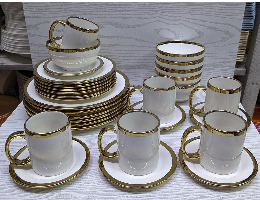 30pcs white ceramic dinner set with gold rim