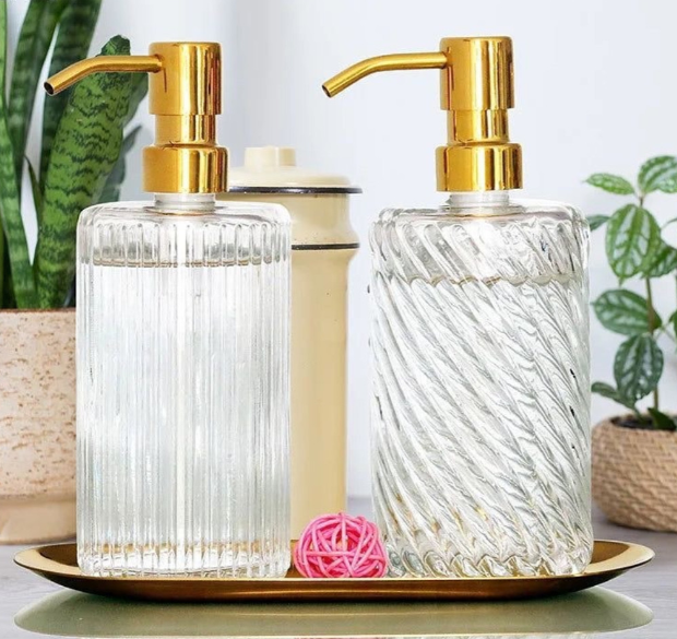 Golden Stainless Steel 400ml Shampoo Soap Dispenser Vertical Pattern Glass Lotion Bottle