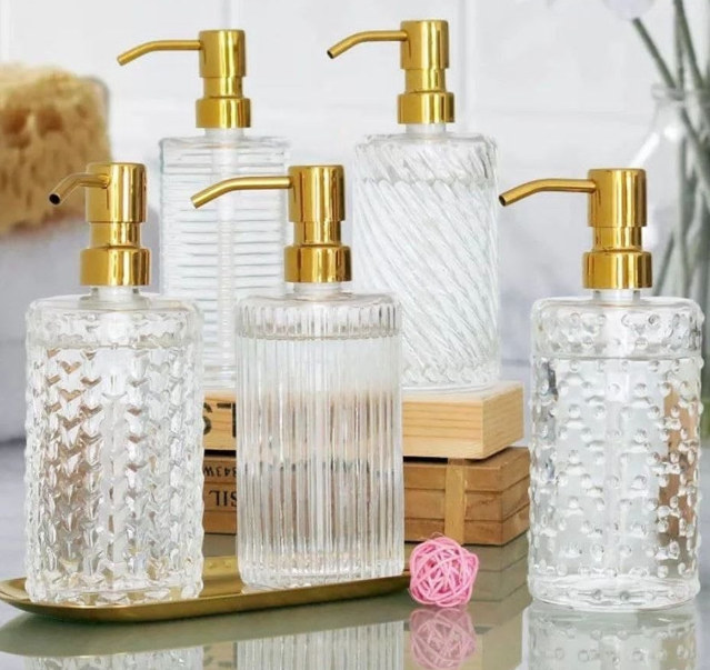 Golden Stainless Steel 400ml Shampoo Soap Dispenser Vertical Pattern Glass Lotion Bottle