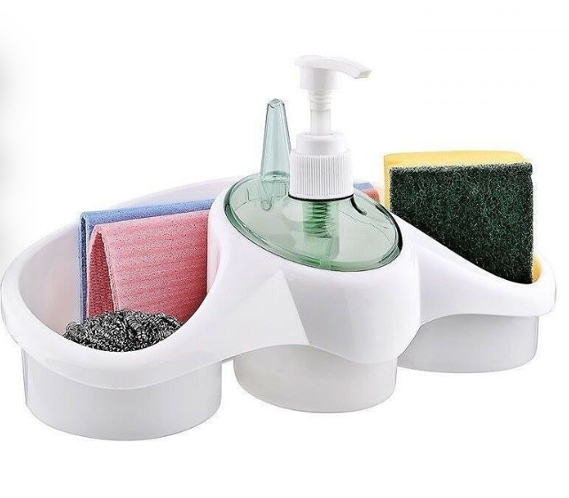 Kitchen soap dispenser and sponge holder