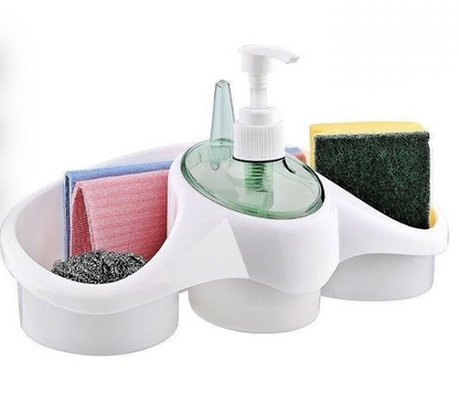 Kitchen soap dispenser and sponge holder