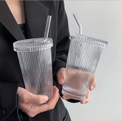 Simple Stripe Glass Cup With Lid and Straw