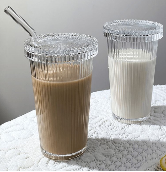 Simple Stripe Glass Cup With Lid and Straw