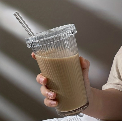 Simple Stripe Glass Cup With Lid and Straw