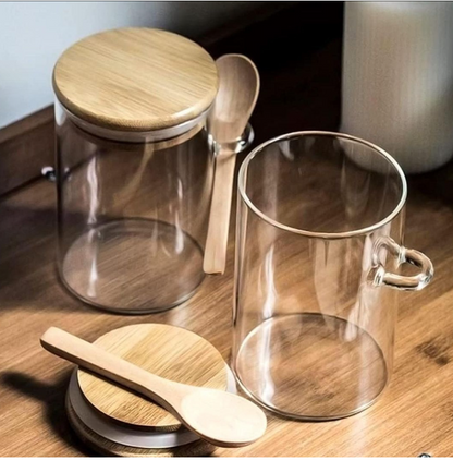 Airtight borosilicate storage jar with bamboo lid and bamboo spoon