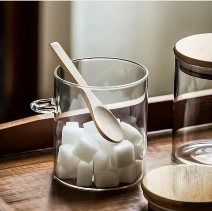 Airtight borosilicate storage jar with bamboo lid and bamboo spoon