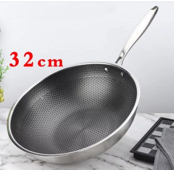 32 cm full stainless steel honey comb wok pan