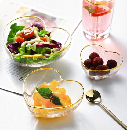 Heart-Shaped Golden Trim Hammered Pattern Glass Salad Bowl, Fruit and Dessert Bowl