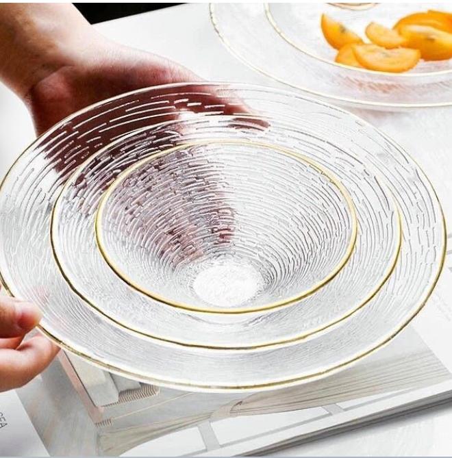 3pc set Transparent Glass Plate  Golden Edge Fruit Salad Dessert Breakfast Bowl