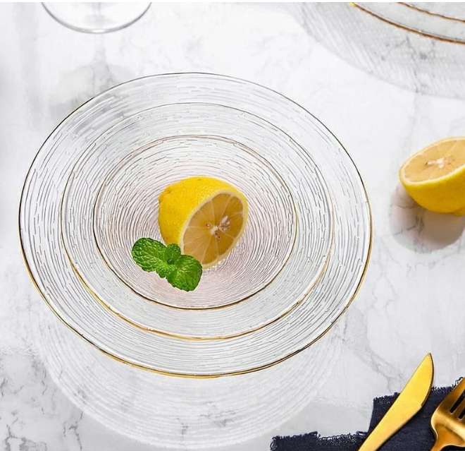 3pc set Transparent Glass Plate  Golden Edge Fruit Salad Dessert Breakfast Bowl