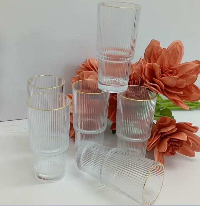 350 ml long water glasses with gold ring