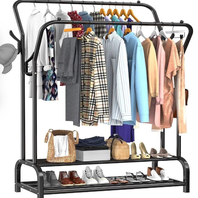 Modern garment rack with double shoe rack organizer