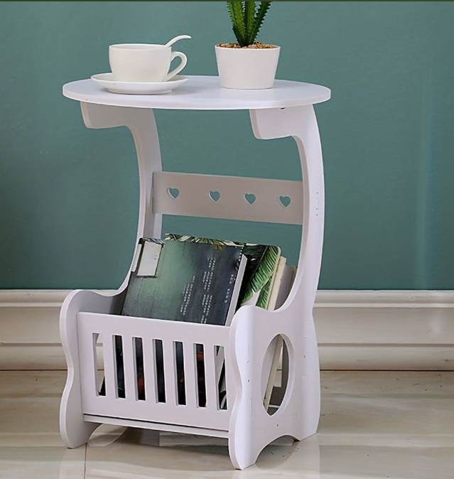 Multi-purpose bedside/balcony/coffee/living room white round magazine table with pvc mat