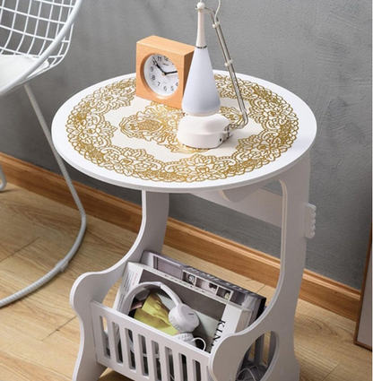 Multi-purpose bedside/balcony/coffee/living room white round magazine table with pvc mat