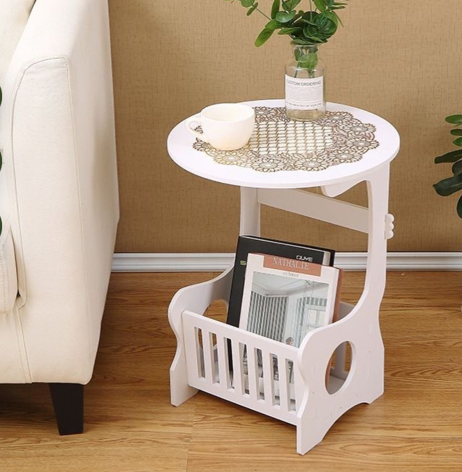 Multi-purpose bedside/balcony/coffee/living room white round magazine table with pvc mat