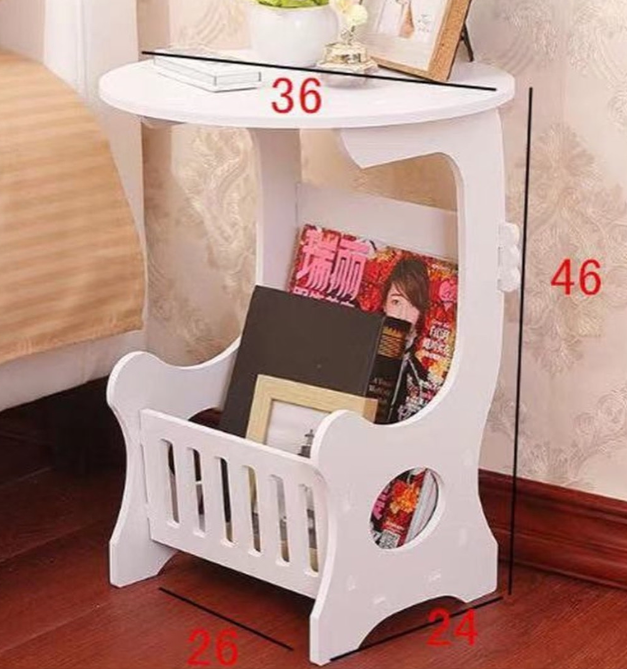 Multi-purpose bedside/balcony/coffee/living room white round magazine table with pvc mat