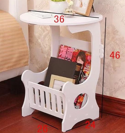 Multi-purpose bedside/balcony/coffee/living room white round magazine table with pvc mat