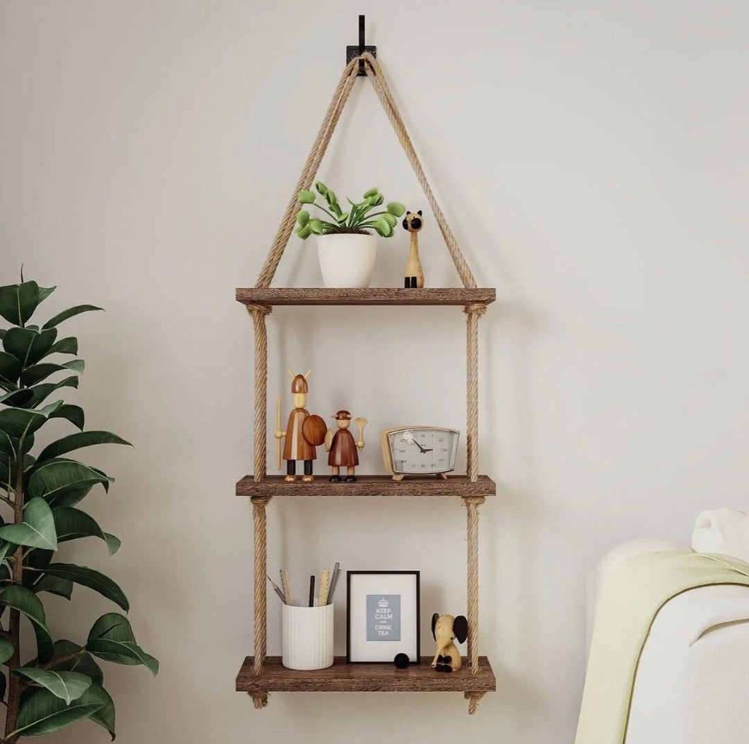 3 Tier Wooden Floating Shelf/Hanging Rope Organizer Rack