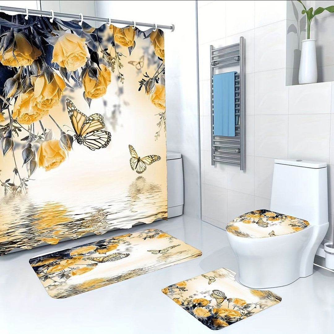 3D 4 in 1 bathroom woolen mats with a waterproof shower curtain