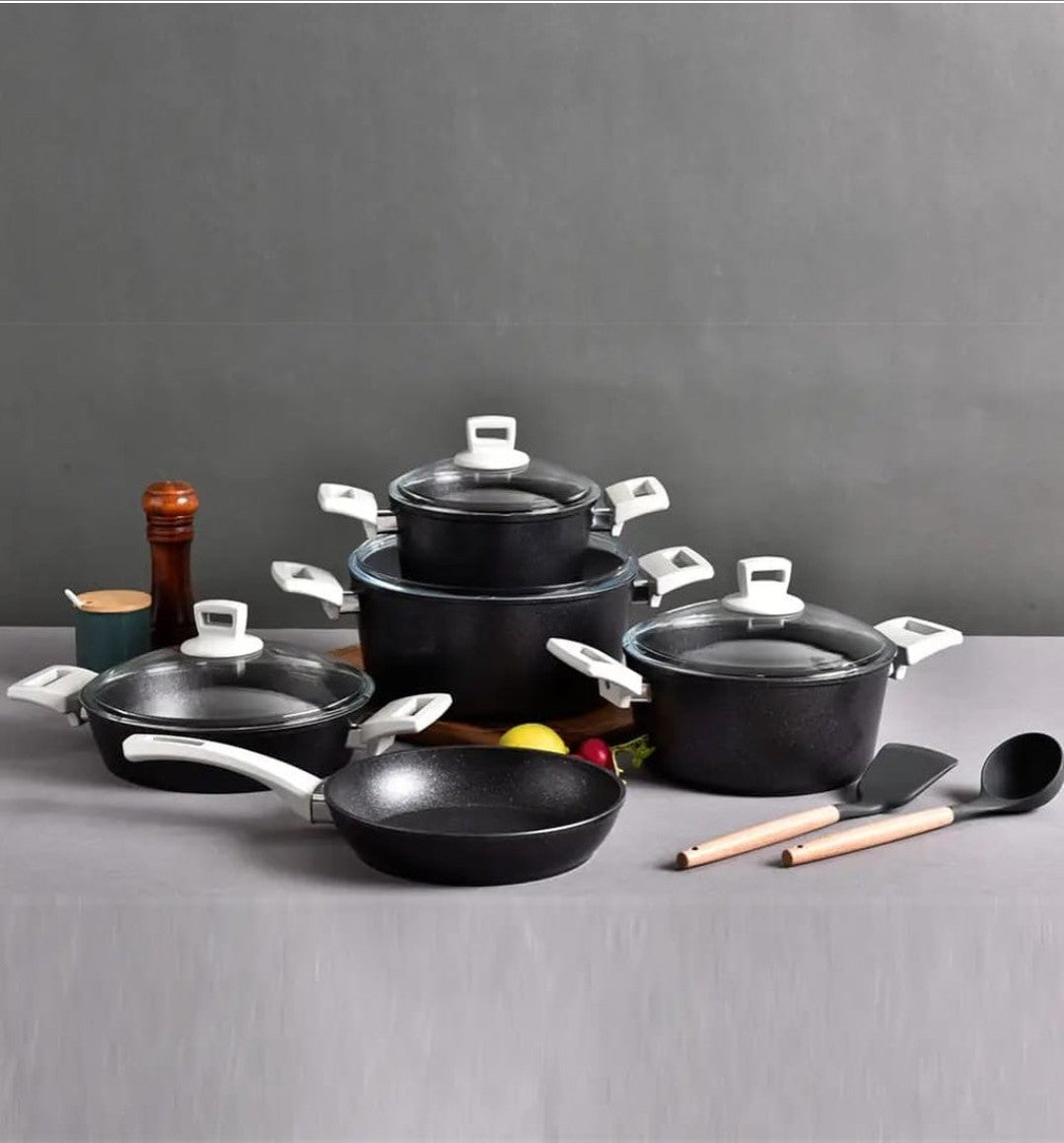 12pcs granite cookware set with class lid and induction bottom