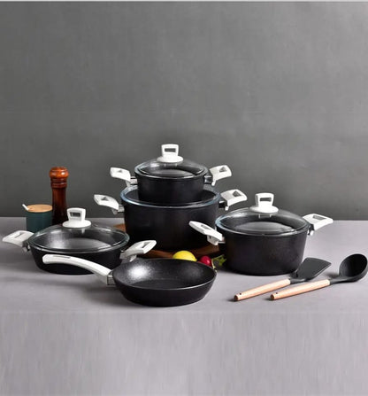 12pcs granite cookware set with class lid and induction bottom